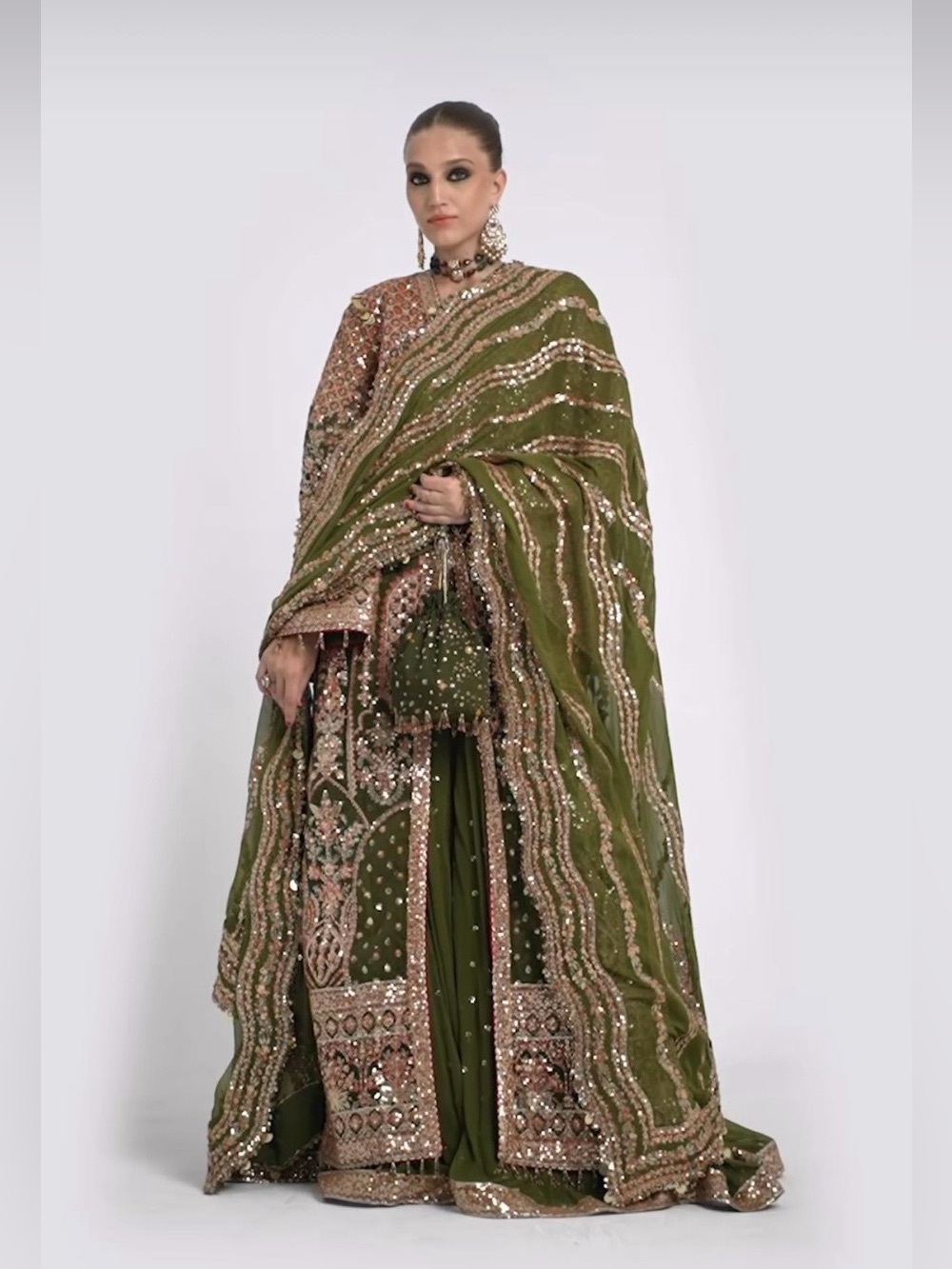 Hussain Rehar Olive Green Embroidered Sharara outfit with heavy Sequin work